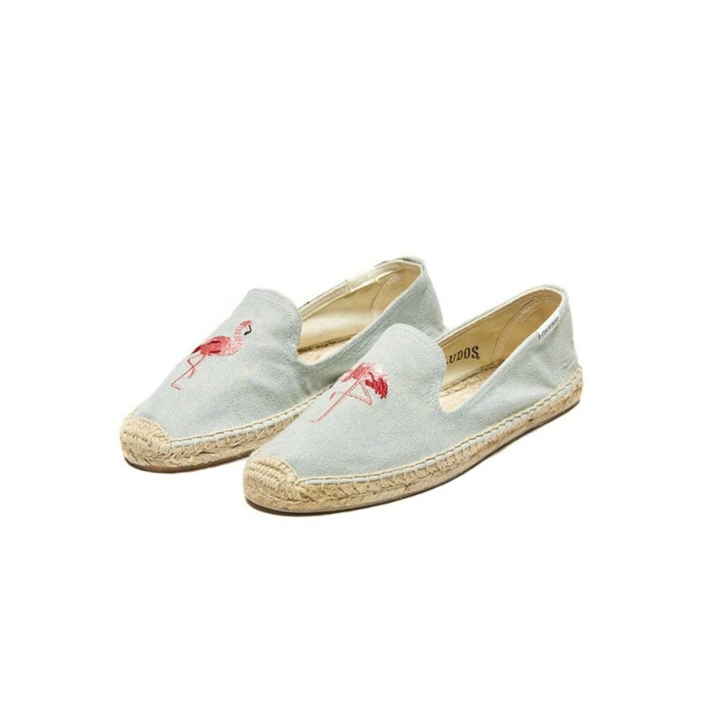 Soludos Flamingos Embroidered Espadrille Smoking Slipper, Light Blue, 9